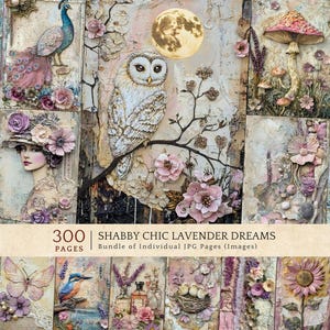 Shabby Chic Lavender Junk Journal Pages, Purple Floral Digital Paper, Mixed Media Ephemera Bundle