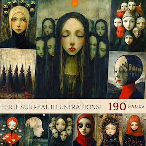 May include: A collage of 190 eerie surreal illustrations featuring women with dark hair and eyes, some with masks or crowns. The illustrations are in a dark, gothic style with a whimsical and mysterious feel.