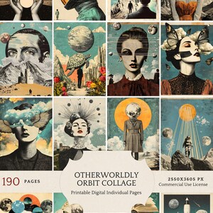May include: A collage of 190 digital printable pages featuring surreal and whimsical imagery. The collage includes images of people, planets, animals, and landscapes. The text "Otherworldly Orbit Collage" and "Printable Digital Individual Pages" is included in the collage.