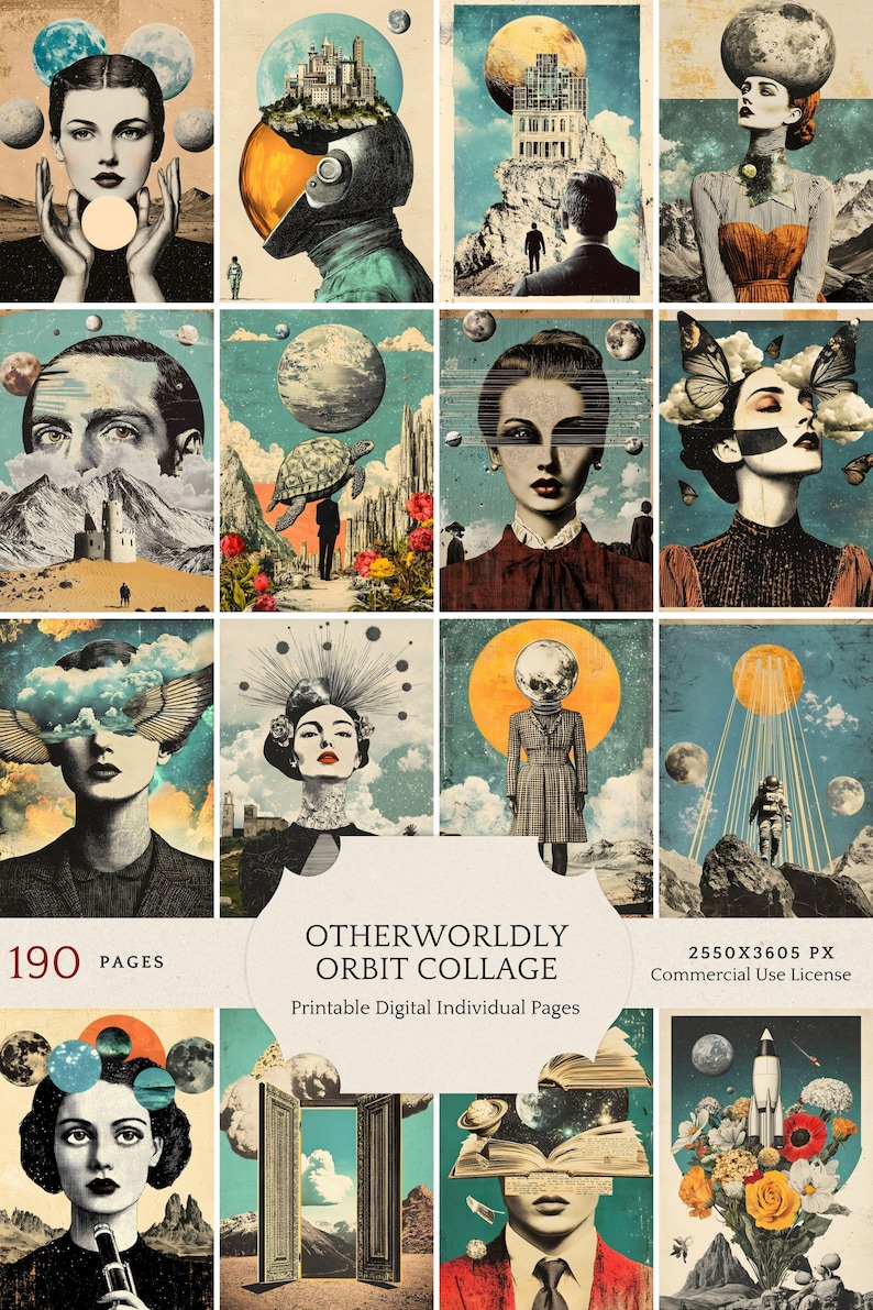 May include: A collage of 190 digital printable pages featuring surreal and whimsical imagery. The collage includes images of people, planets, animals, and landscapes. The text "Otherworldly Orbit Collage" and "Printable Digital Individual Pages" is included in the collage.