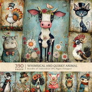 Quirky Farm Animal Illustrations, Dapper Zoo Scrapbooking, Hippo Prints Digital Paper, ATC Junk Journals