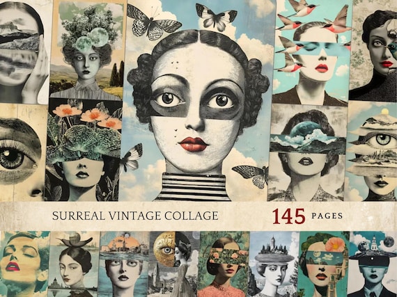 Surrealism Vintage Ephemera, Dada Style Portrait Art, Butterfly