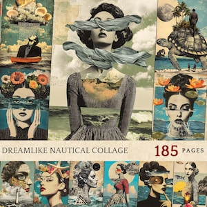 Collage rétro fantastique inspiré de la mer, papiers créatifs éthérés sur le thème de l'océan, imprimables magiques de scrapbooking sous-marin, images de journal indésirable