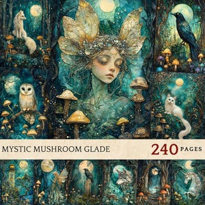 Arte de Mystic Mushroom Glade para diarios basura, ilustraciones extravagantes de hongos para scrapbooking, arte digital con temática de hongos para manualidades