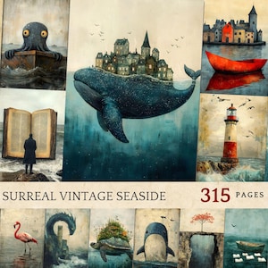 Surrealistische zeejournaalpagina's, vintage zee-ephemera, afdrukbare surrealistische zeeafbeeldingen, surrealistische oceaanjournaalcollagebladen, verouderd oud papier