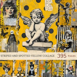 Vintage Yellow Ephemera Kit, Cherub Angel Art, Black Spotted Grunge Collage, Printable Junk Journal