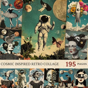 Surreale kosmische Junk Journal Printables, Vintage Weltraum Collagen, Himmlische Ephemera, Retro Galaxie Mixed-Media-Hintergründe, Scrapbooking