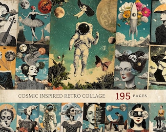 Cosmic Surrealism Clipart Bundle, Vintage Space Collage Ephemera, Celestial Junk Journals, Retro Futurism Prints