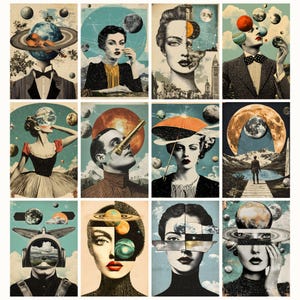 May include: A collage of nine images featuring surreal portraits of people with celestial bodies and planets incorporated into their faces and bodies. The images are in a vintage style with a retro color palette.