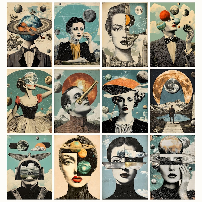 May include: A collage of nine images featuring surreal portraits of people with celestial bodies and planets incorporated into their faces and bodies. The images are in a vintage style with a retro color palette.