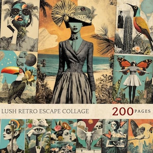 Retro tropisches Scrapbook Zubehör, Junk Journal Printables, Verträumte Dschungel Retro Kunst, Paradies Handwerk Ephemera, üppige vintage Collage Blätter