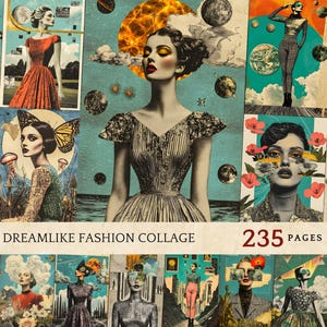 Marzycielskie strony dziennika modowego, estetyczne pamiątki modowe, arkusze kolaży retro haute couture, rękodzieło inspirowane modą fantasy
