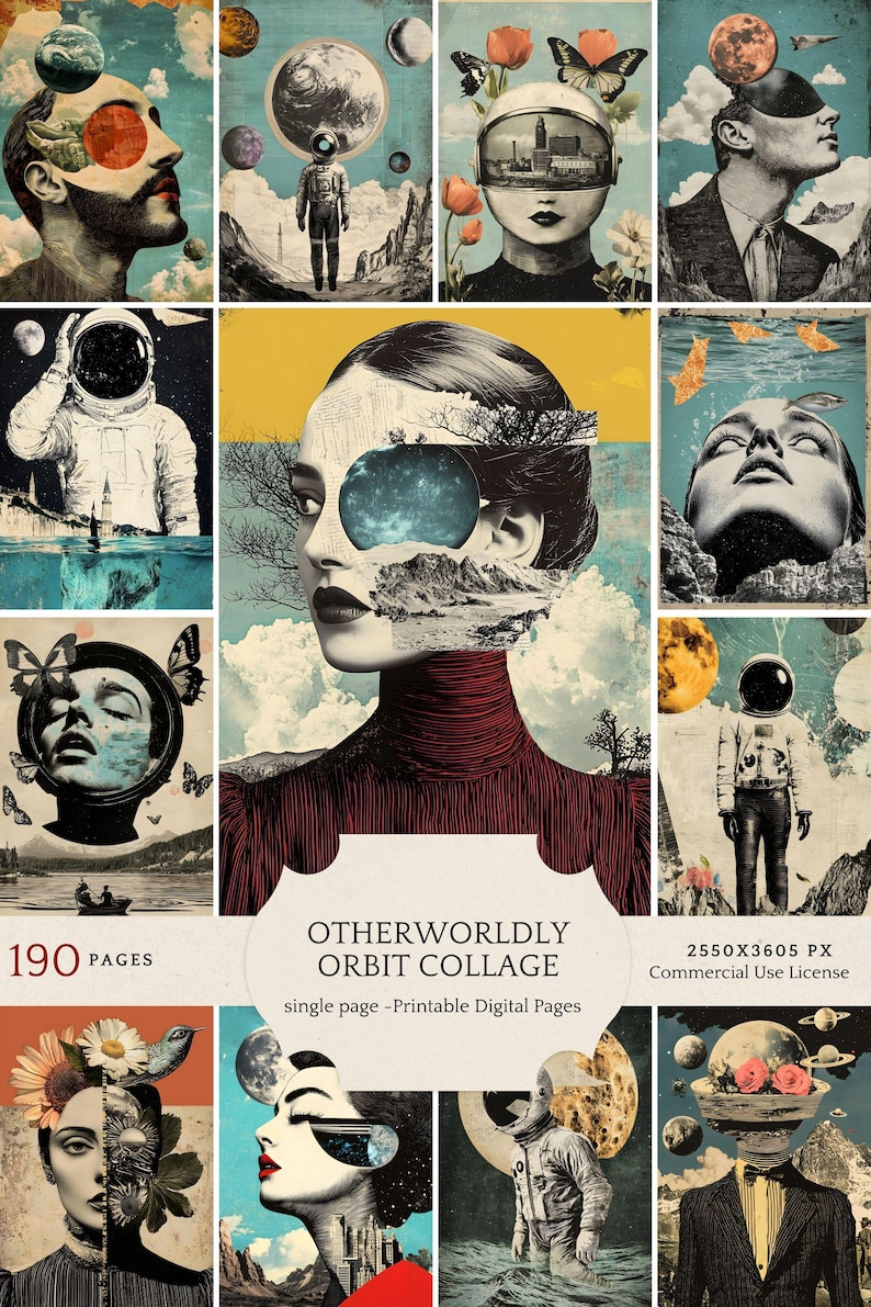 May include: A collage of 10 images featuring surreal and abstract scenes with a space theme. The images include astronauts, planets, and people with celestial bodies in their eyes. The text "OTHERWORLDLY ORBIT COLLAGE" is in the center of the collage. The text "190 PAGES" is in the bottom left corner. The text "2550X3605 PX Commercial Use License" is in the bottom right corner.