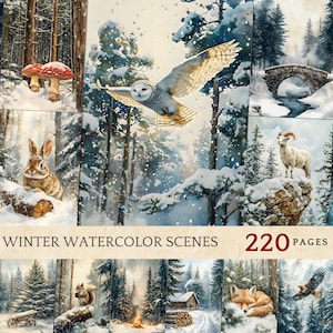 Winter aquarel ongewenste dagboekpagina's, winterthema printables voor ongewenste dagboeken, gezellige winterdagboekontwerpen, rustieke efemere winterjungle dagboeken