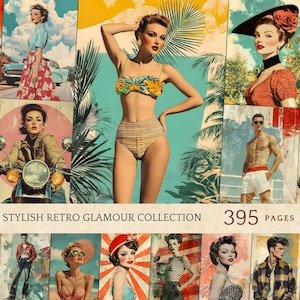 Puede incluir: Un collage de ilustraciones de estilo vintage que presenta glamour retro. Las imágenes muestran a mujeres con trajes de baño, vestidos y atuendos elegantes, junto con hombres con atuendos clásicos. La paleta de colores incluye azules, amarillos y rojos vibrantes, con el texto "Stylish Retro Glamour Collection" y "395 Pages".