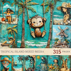 Páginas de mídia mista de ilhas tropicais caprichosas, ilustrações de diário de lixo, piratas, animais e sereias, itens efêmeros para artesanato, papéis de scrapbook