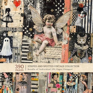 Vintage-Collagepapier, antike gestreifte und gepunktete Drucksachen, Junk-Journaling-Elemente, digitales Dark-Academia-Scrapbooking