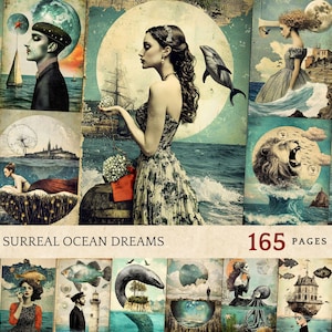 Pages de collage surréalistes sur l'océan, journal de jonque nautique de rêve, impressions inspirées de la mer, téléchargement numérique maritime éthéré, impressions de scrapbooking