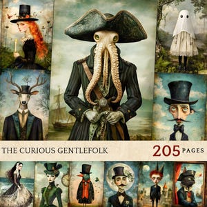 nieuwsgierige gentlefolk-afbeeldingen, grillige junk-dagboekkit, excentrieke karakterephemera, surrealistische gentleman clipart, vreemde vintage printables