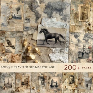 May include: A collage of antique travel-themed ephemera, including old maps, vintage photographs, and handwritten notes. The images feature a horse, a hot air balloon, and landmarks. The text "ANTIQUE TRAVELER OLD MAP COLLAGE" and "200+ PAGES" are visible.