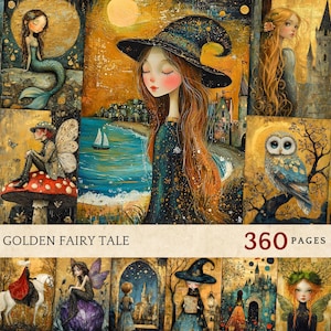 Imagens de diário de contos de fadas dourados, imprimíveis estéticos caprichosos, scrapbooking, mágico, fantasia, celestial, estética onírica