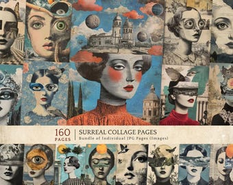 Collage di volti surreali vintage, fogli per junk journal con occhi astratti, pacchetto di carta digitale stampabile per scrapbooking
