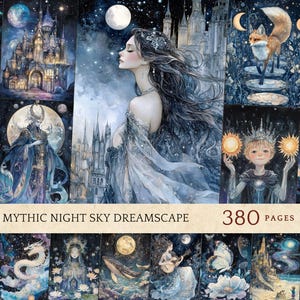 May include: A series of watercolour illustrations with a fantasy theme. The images feature celestial elements, including moons, stars, and mythical creatures. The text "Mythic Night Sky Dreamscape" and "380 pages" are visible.