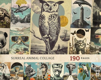 Junk Journal Digital Kit, Surreal Animal Clipart Images, Commercial Use, Mixed Media Ephemera