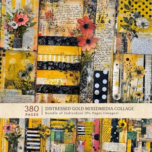 Grungy Yellow Collage Digital Paper, Mixed Media Floral Backgrounds, Black Gold Junk Journal Kit