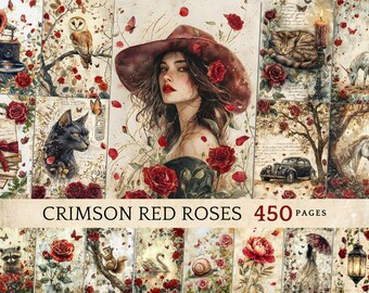 Crimson Red Roses Junk Journal Kit, vintage collagevel met script, grungy, achtergronden oud papier