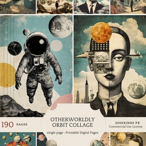 May include: A digital collage of 190 pages featuring surreal and abstract imagery. The collage includes images of astronauts, planets, a whale, a man with a stack of books on his head, and a woman with a moon in her head. The collage is titled "Otherworldly Orbit Collage" and is available for commercial use.