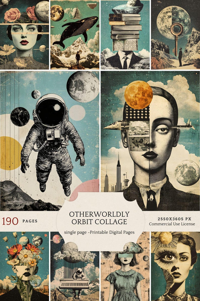 May include: A digital collage of 190 pages featuring surreal and abstract imagery. The collage includes images of astronauts, planets, a whale, a man with a stack of books on his head, and a woman with a moon in her head. The collage is titled "Otherworldly Orbit Collage" and is available for commercial use.