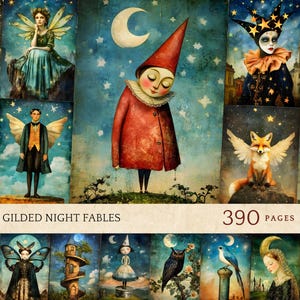 Könnte beinhalten: Eine Sammlung illustrierter Karten mit skurrilen Charakteren und Szenen. Die Karten zeigen Figuren mit Flügeln, Tiere und Himmelselemente wie Monde und Sterne. Der Text "GILDED NIGHT FABLES" und "390 PAGES" ist sichtbar.