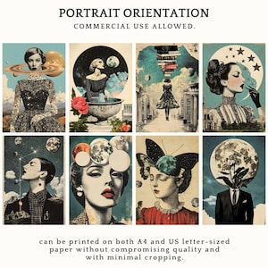May include: A set of eight digital collage prints featuring women with celestial and surreal elements. The prints are in a portrait orientation and feature a variety of colors and textures.