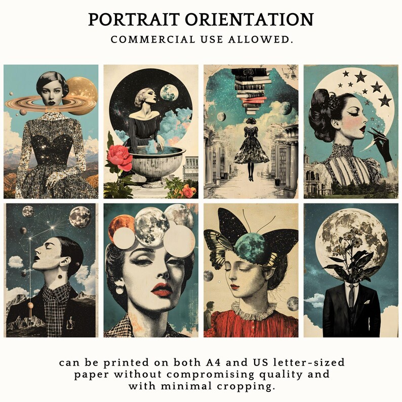 May include: A set of eight digital collage prints featuring women with celestial and surreal elements. The prints are in a portrait orientation and feature a variety of colors and textures.