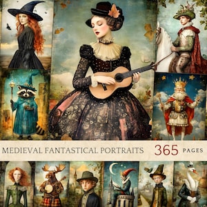 Könnte beinhalten: Eine Sammlung mittelalterlicher fantastischer Porträts. Die Bilder zeigen verschiedene Charaktere, darunter eine Frau mit Gitarre, eine Hexe, ein König und ein Waschbär in einem Zauberergewand. Der Text "MEDIEVAL FANTASTICAL PORTRAITS" und "365 PAGES" sind zu sehen.