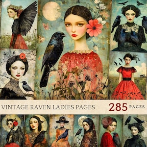 Surrealistische vintage illustraties van raafvrouwen, raafvrouwkunst voor junktijdschriften, donkere vrouwelijke kunst om te knutselen, surrealistische gotische kunst voor ambachten