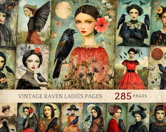May include: A collage of digital art featuring women with ravens and flowers. The artwork is in a vintage style with a dark and moody color palette. The text "Vintage Raven Ladies Pages 285 Pages" is at the bottom of the collage.