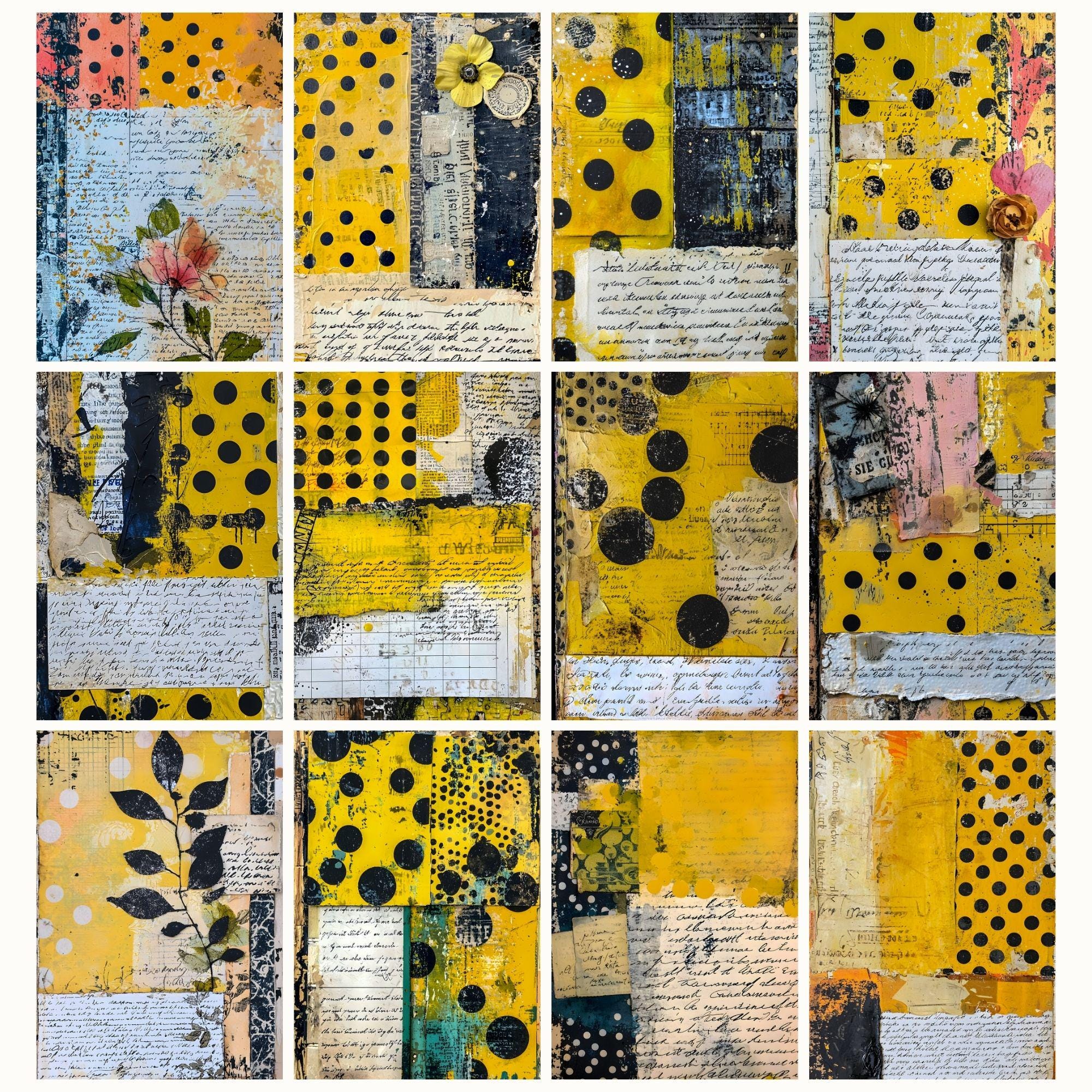 Grungy Yellow Collage Digital Paper, Mixed Media Floral Backgrounds ...