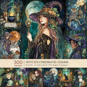 Enchanted Witch Junk Journals, Vibrant Fantasy Clipart, Moon Magic Digital Paper, Scrapbook, ATC cards