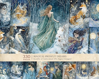 Fantasy Winter Princess Bundle, Ethereal Snow Digital Graphics, Enchanting Fairytale Scenes for Junk Journals