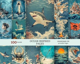 Ocean Inspired Junk Journal Pages, Vintage Marine Illustrations for Scrapbooking, Sea Life Ephemera Crafts