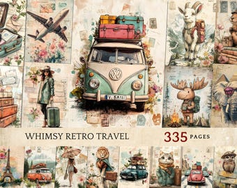Whimsy Retro Travel Art, Anthropomorphic Animals, Printable Collage Sheet, Digital Download, Journal Pages