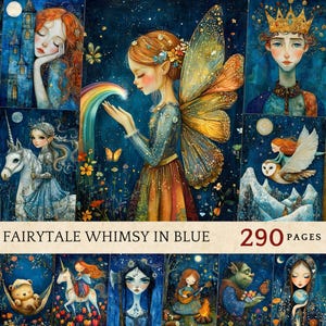ilustração de conto de fadas azul caprichosa para diários de lixo, scrapbooking, arte em mídia mista, papel digital, impressões de arte para artesanato, diários de arte