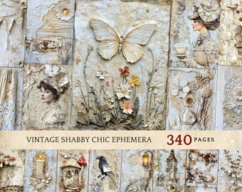 Vintage Shabby Chic Ephemera Pack, Schmetterling Spitze druckbare Kunst, neutrale Beige Texturpapiere