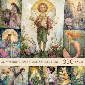 May include: A collection of watercolor illustrations featuring fairytale scenes. The images include a fairy with wings, a mermaid, a wolf, and a rabbit. The text "Glimmering Fairytale Collection" and "390 pages" are also visible.