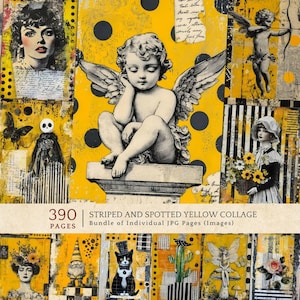 Vintage Yellow Ephemera Kit, Cherub Angel Art, Black Spotted Grunge Collage, Printable Junk Journal