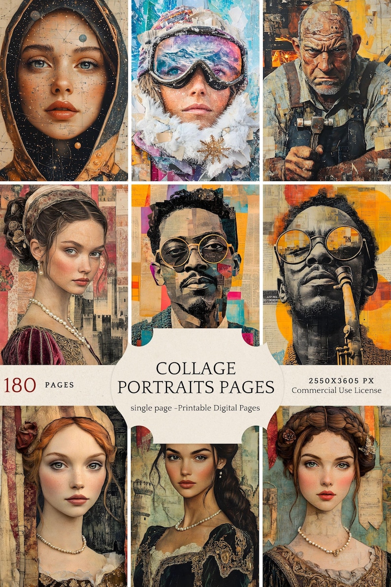 Portrait Rough Pages Collage Portrait Art Pages, Grungy Mixed Media Journal Kit, Distressed ...