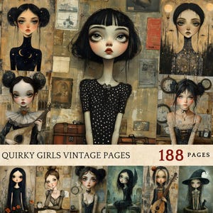 Pagine di diario di Quirky Girls, Effimere nostalgiche, Ritratti giocosi, Estetica femminile, Arte multimediale, Pagine shabby chic, Pagina collage