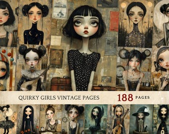 Junk Journal Girls Bundle, Dark Vintage Surreal Portrait Art Prints, Mysterious Quirky Dolls Clipart